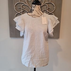 A New Day Women's XS White/Blue Stripes Ruffle Short Sleeve Top Linen Blend